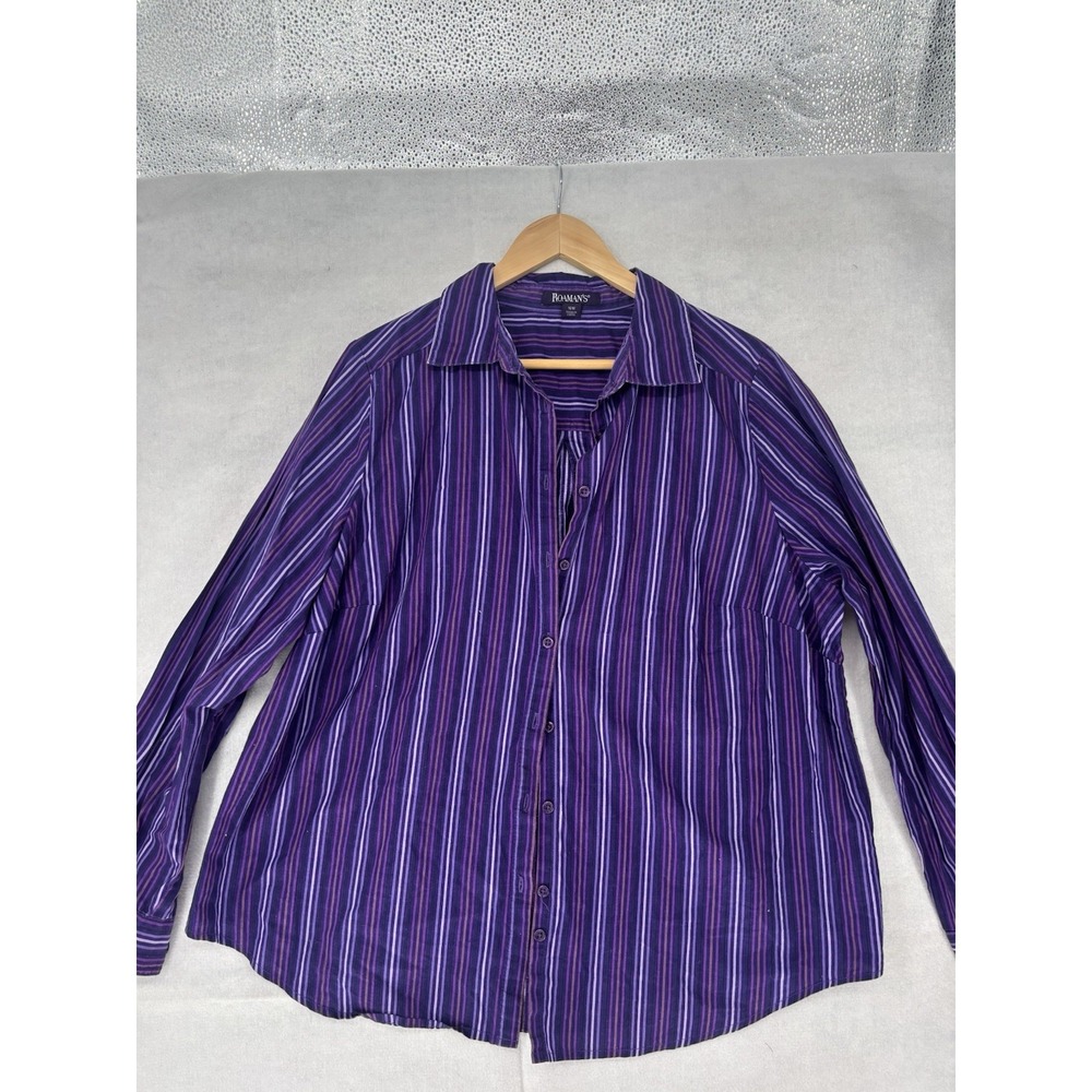 Roamans Button Down Womens 16 Purple Striped L/Sl Blouse Casual